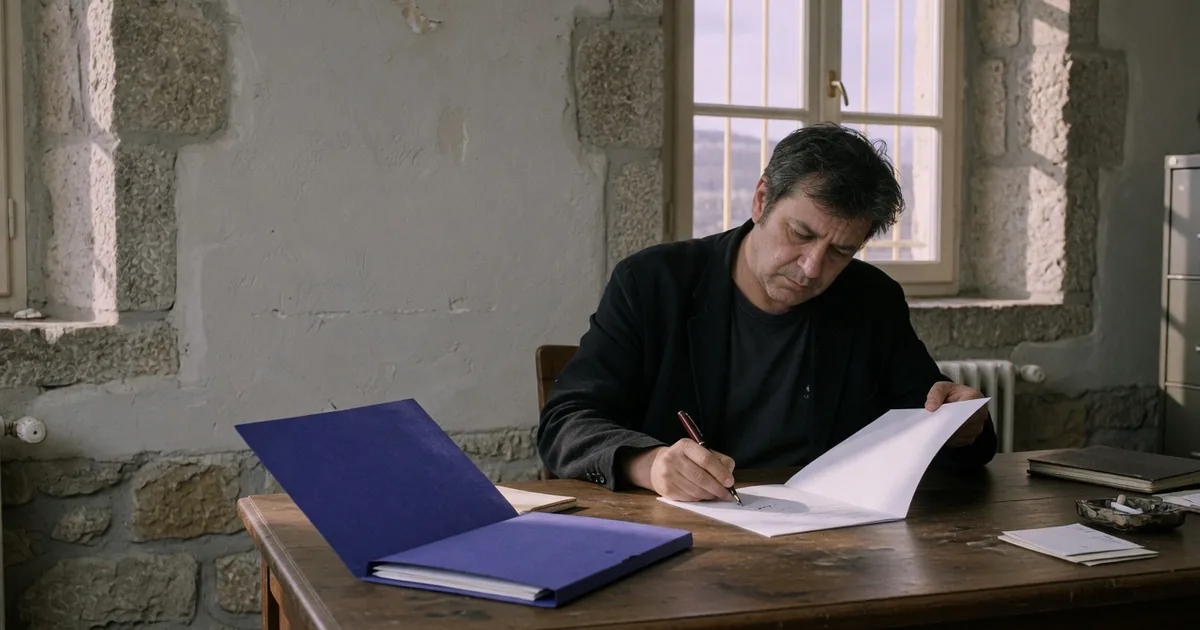 Musician reviewing papers at a desk