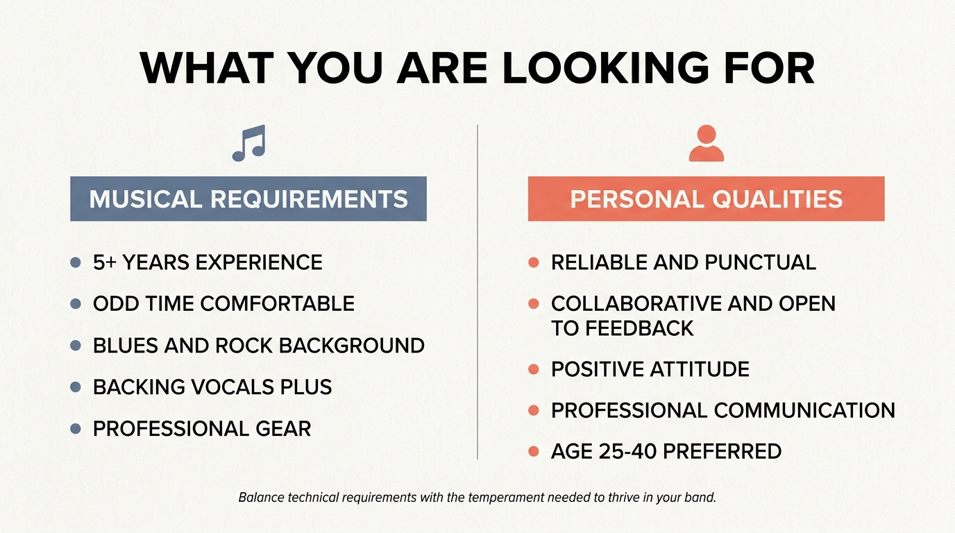 Two-column breakdown of what you are looking for: musical requirements (years experience, technique, style, gear) versus personal qualities (reliable, collaborative, positive, professional)