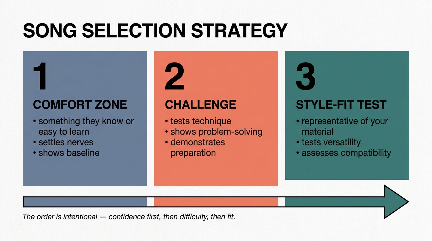 Three-card progression of song selection strategy: comfort zone first (settles nerves, shows baseline), then challenge (tests technique and preparation), then style-fit test (representative material, assesses compatibility)