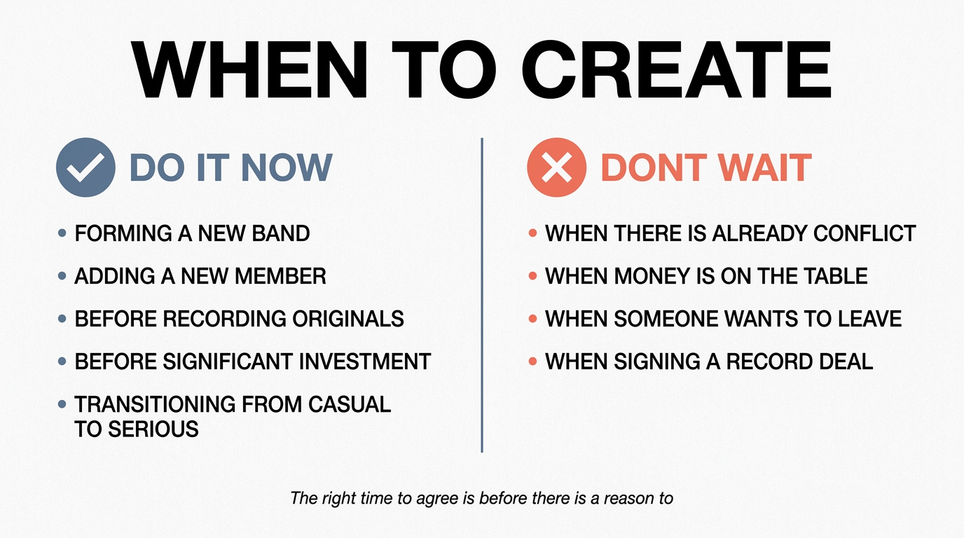 Two-column timing guide: do it now when forming a band, adding a member, recording originals, investing, or transitioning to serious — versus don't wait until there's already conflict, money on the table, someone leaving, or signing a record deal