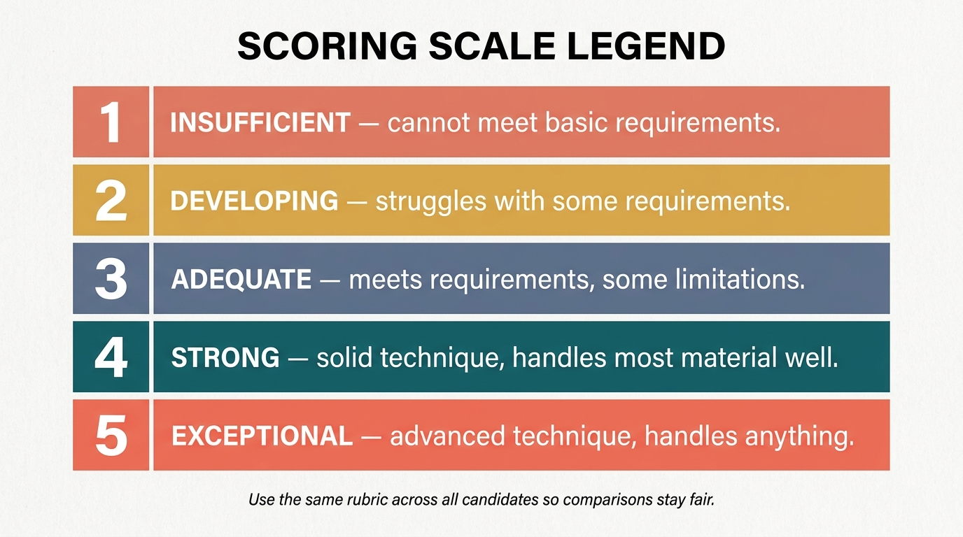 Five-point scoring legend: 1 insufficient, 2 developing, 3 adequate, 4 strong, 5 exceptional — used consistently across all candidates for fair comparison