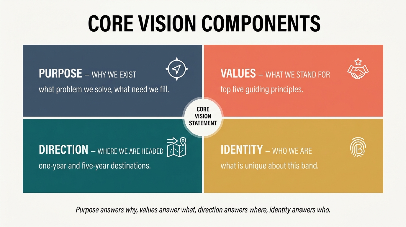Four components of core vision in a quadrant grid: purpose (why we exist), values (what we stand for), direction (where we are headed), identity (who we are) — purpose answers why, values what, direction where, identity who