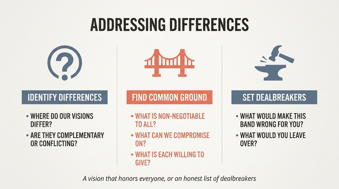 Three-column guide to addressing differences in vision: identify where visions differ, find common ground through compromise, set dealbreakers honestly — a vision that honors everyone, or an honest list of dealbreakers