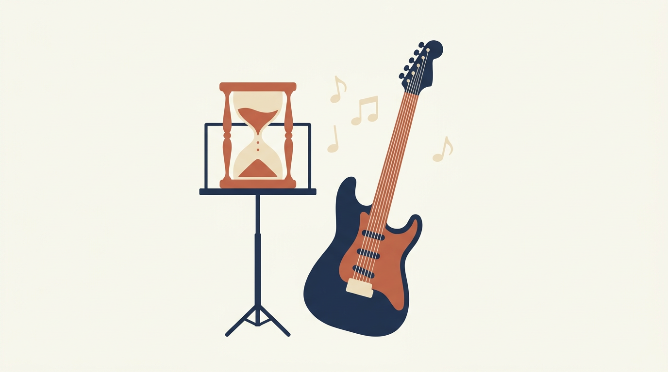 Time-bound creativity: a vintage hourglass next to a guitar suggests that working within a deadline forces focus and invention