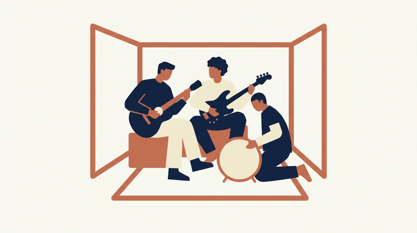 Resource-limited rehearsal: three musicians playing in a small intimate space with only guitar, bass, and drums to spark creative solutions