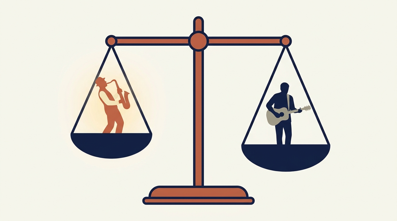 Balance scale weighing two musician silhouettes: visualizes the keep-or-replace decision as a measured, objective comparison rather than a knee-jerk reaction