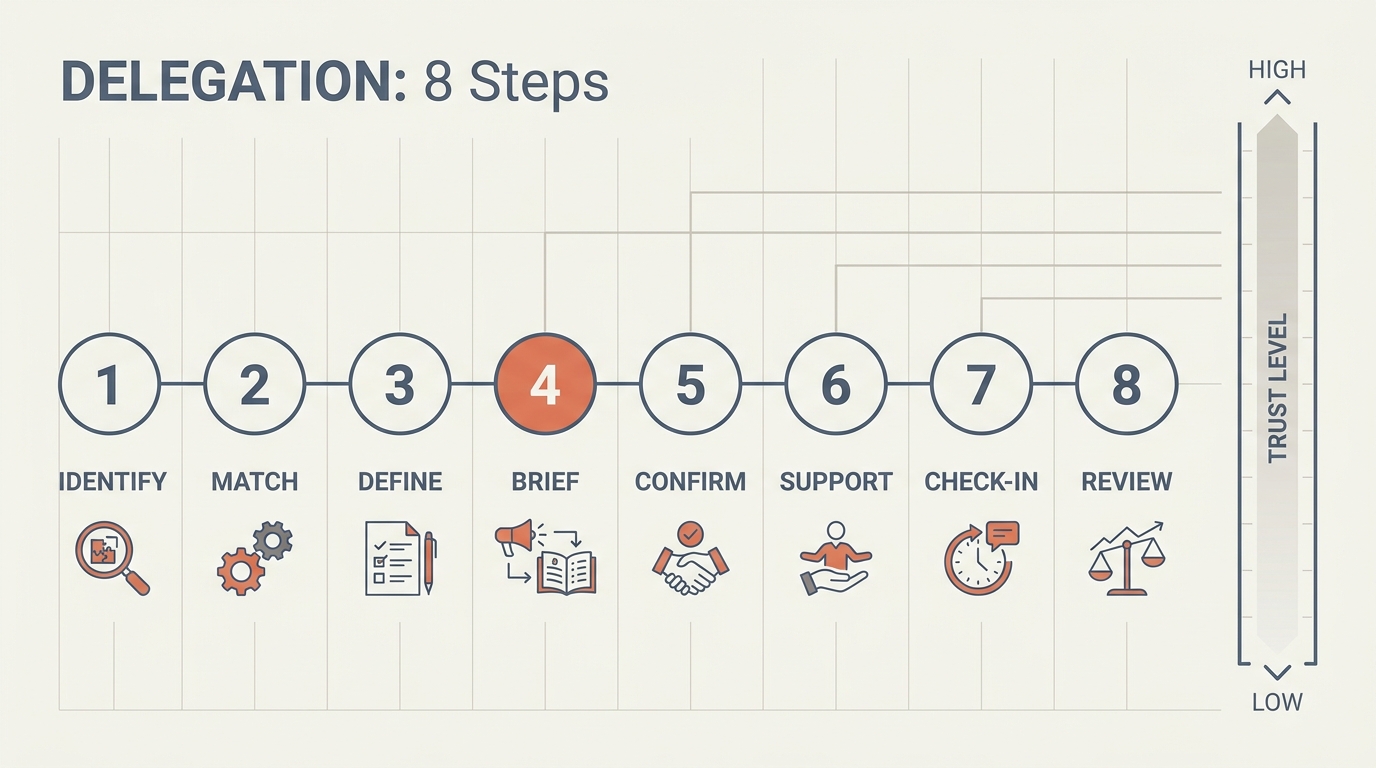 Eight-step delegation process: choose the right person, set clear expectations, provide context, give authority, provide support, check in, give feedback, let go