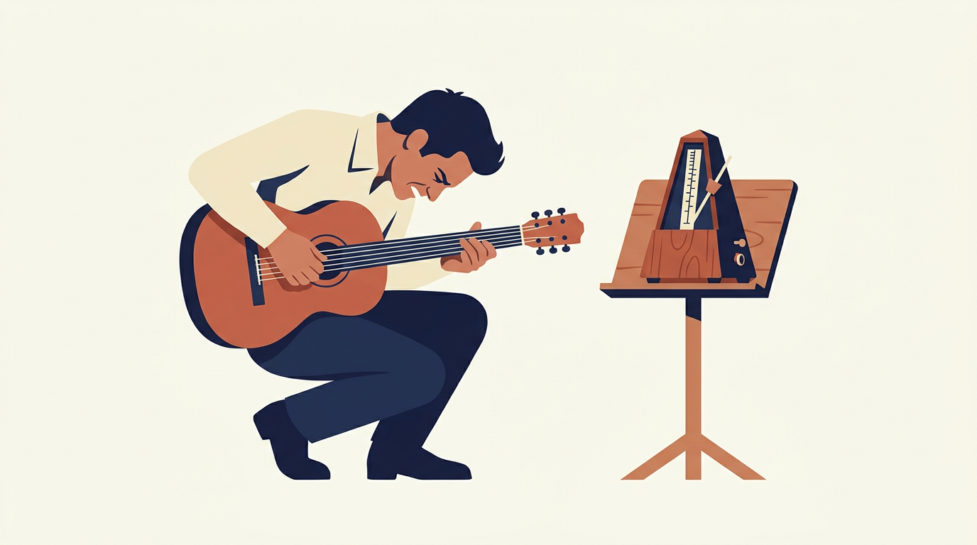 Focused practice: a metronome ticking on a music stand next to a single intense musician — visualizes the edge-of-ability concentration that drives improvement