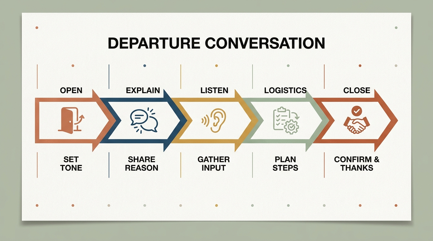 Departure conversation flow: five-stage horizontal arrow sequence — open, explain, listen, logistics, close — the respectful structure for asking someone to leave a band