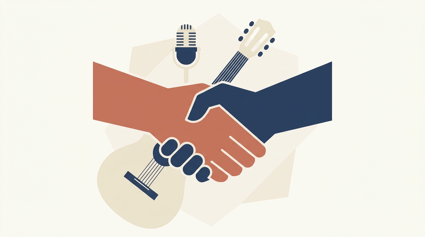 Two hands meeting in a clean handshake against a soft background of a guitar and microphone — symbolizes respectful transition, agreement, and the closing of a chapter