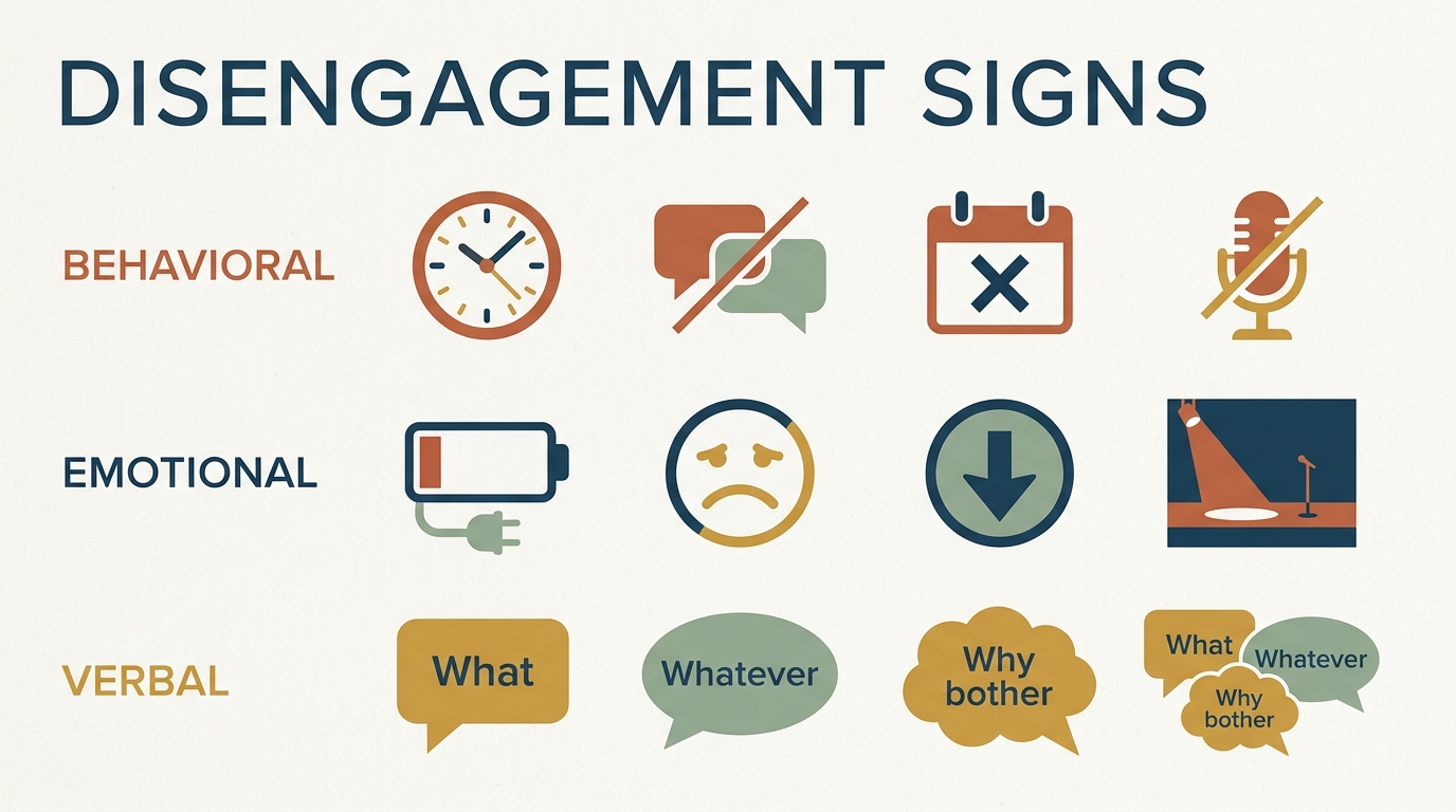 Disengagement signs framework: three categories of warning signs — behavioral (attendance, participation, communication), emotional (energy, attitude, connection), and verbal (what they say and don't say)