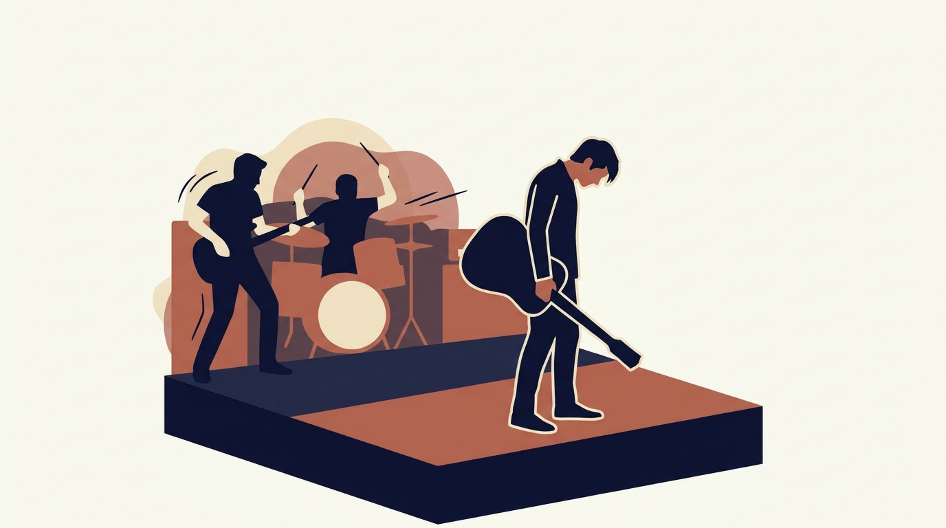 Withdrawn musician on the edge of a stage: one player looking down at their lowered instrument while the rest of the band plays in the soft background — visualizes the visible emotional distance that signals disengagement