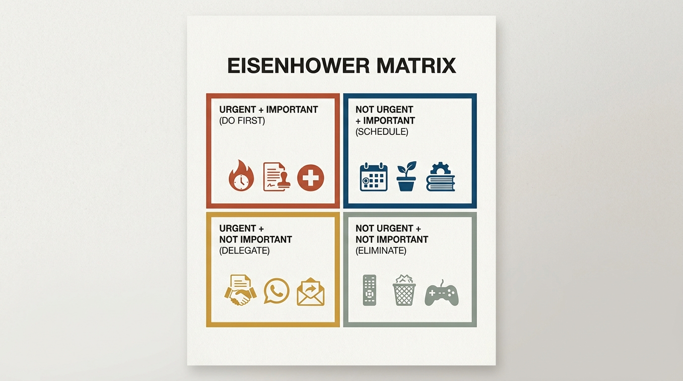 Eisenhower 2x2 matrix: four quadrants — urgent+important (do first), not urgent+important (schedule), urgent+not important (delegate), not urgent+not important (eliminate) — for prioritizing band tasks