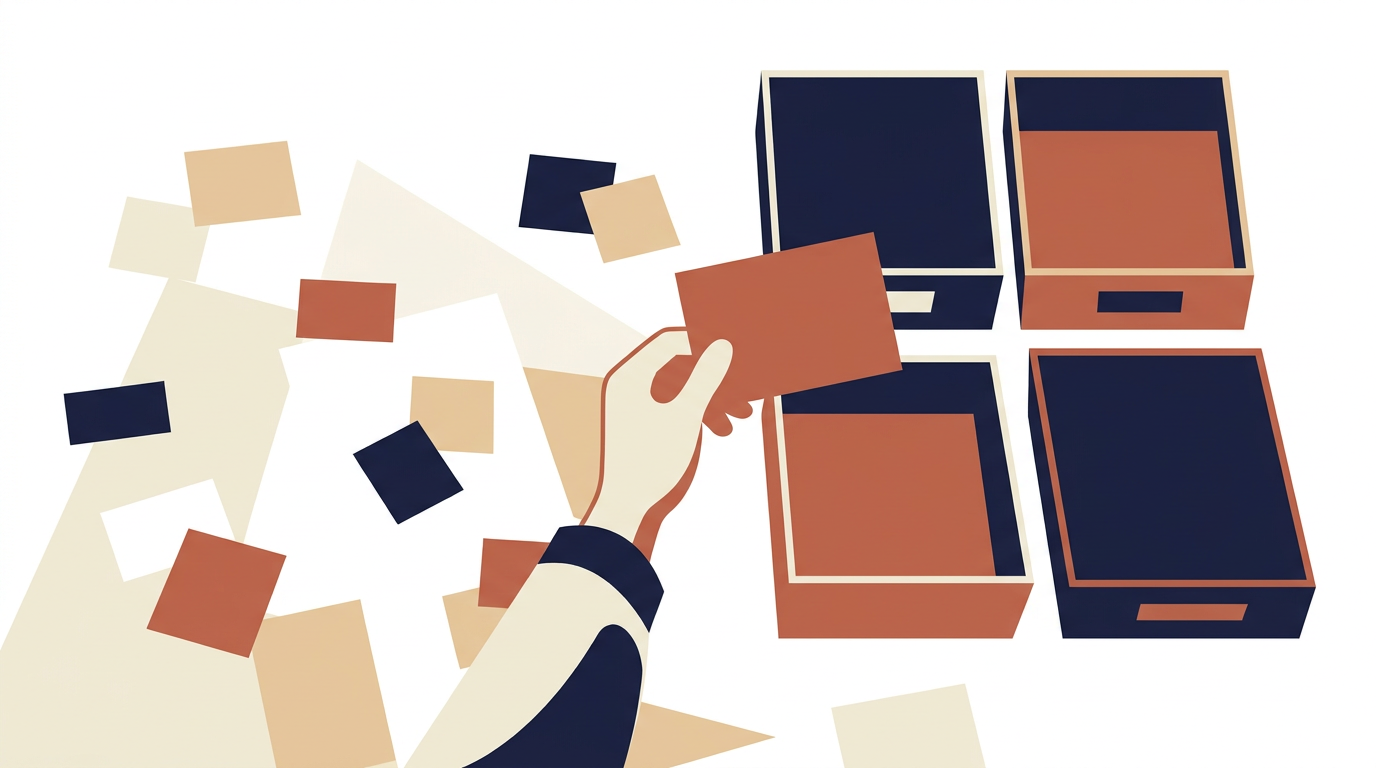 Sorting task cards into four labeled boxes: visualizes the act of categorizing a brain-dumped to-do list into the matrix's quadrants