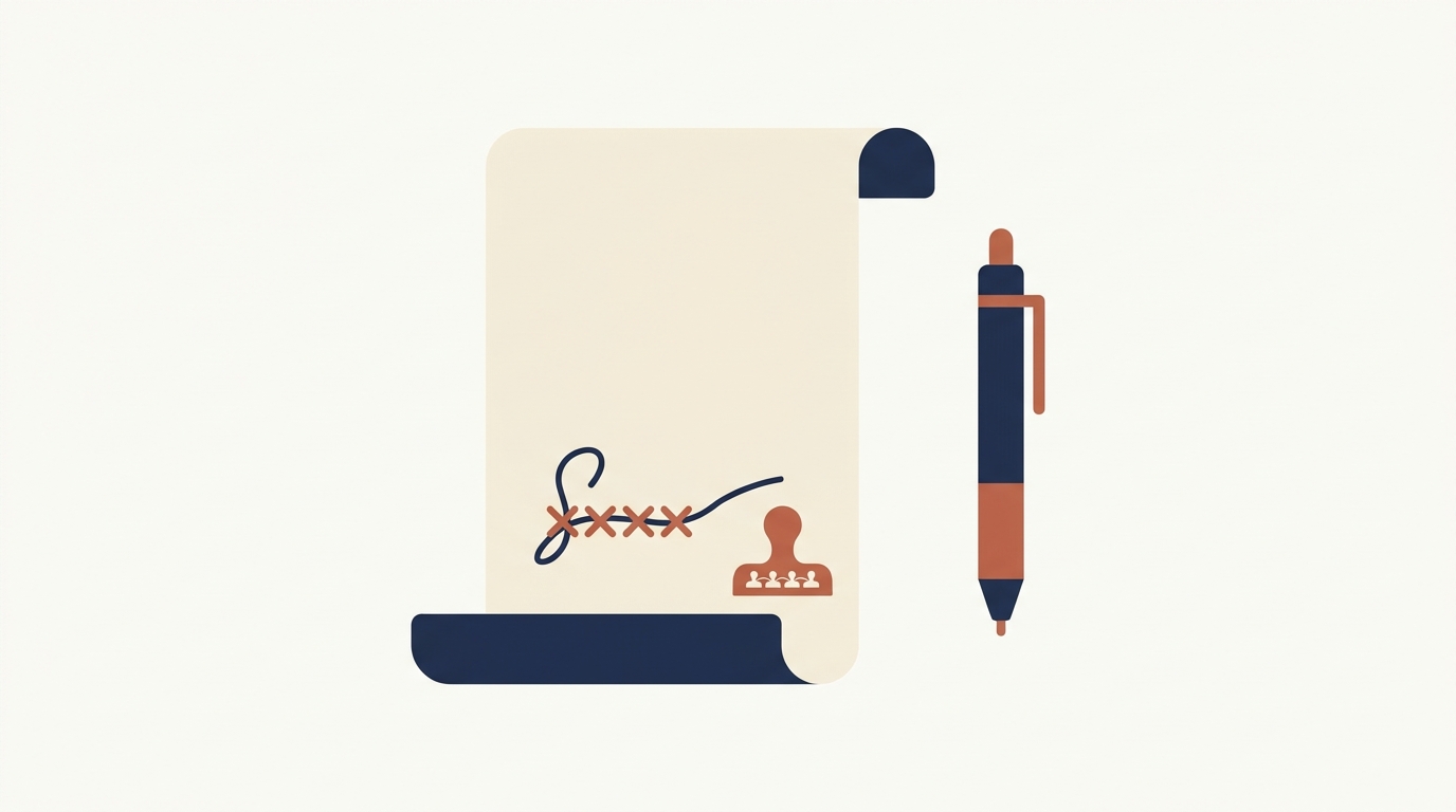 Signed contract on a desk with a small band-of-four silhouette stamp: visualizes that all members have read, agreed to, and signed the financial terms — the most important step in preventing future disputes
