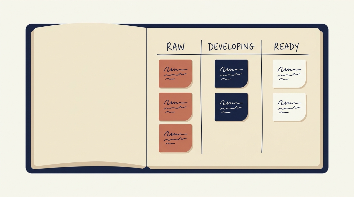 Idea tracking notebook with columns labelled Raw, Developing, and Ready: visualizes the system that turns scattered recordings into a prioritized list of songs worth working on