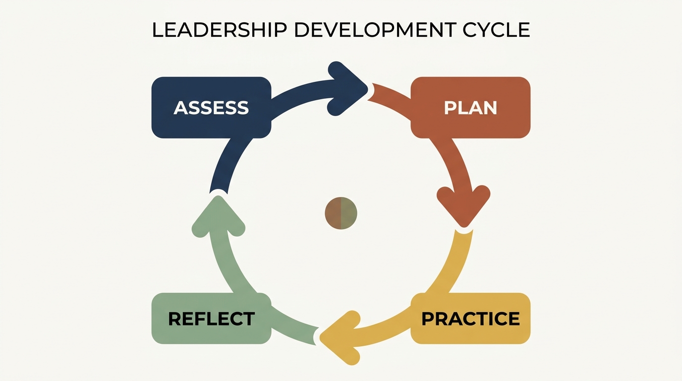 Leadership development cycle: four phases — Assess, Plan, Practice, Reflect — connected in a continuous clockwise loop