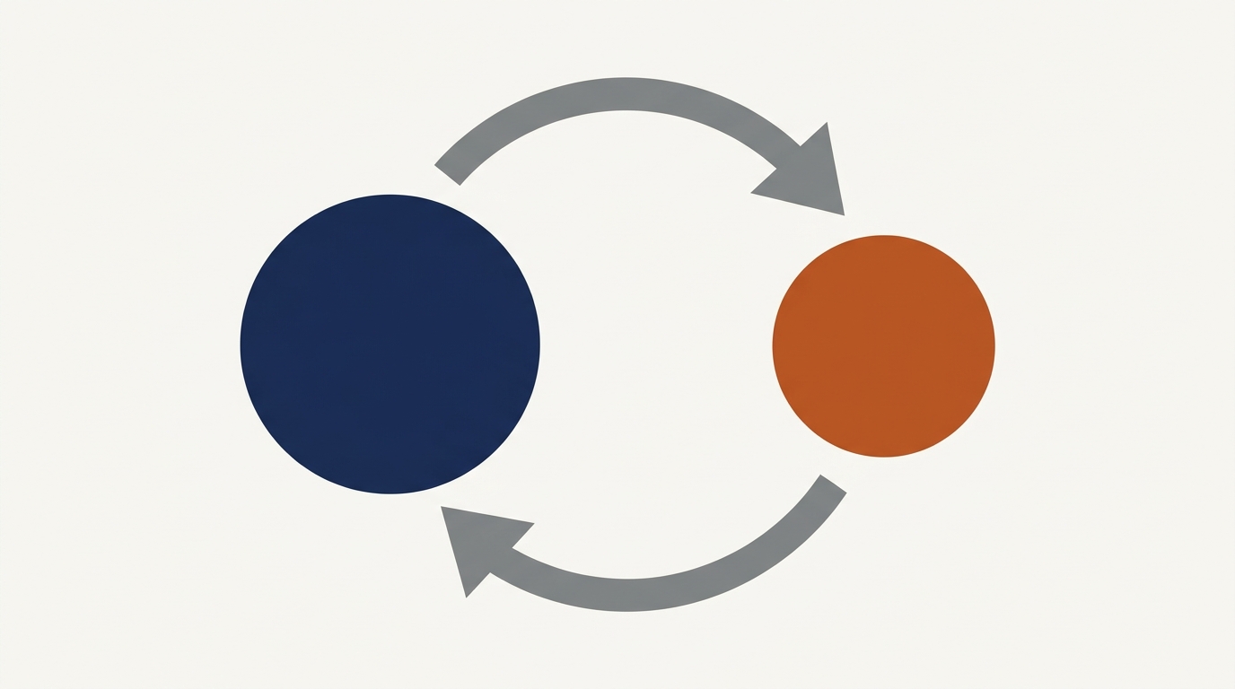 Mentorship feedback loop: a large deep-navy circle on the left and a smaller burnt-sienna circle on the right connected by two curved arrows, one running mentor-to-mentee and the other mentee-to-mentor