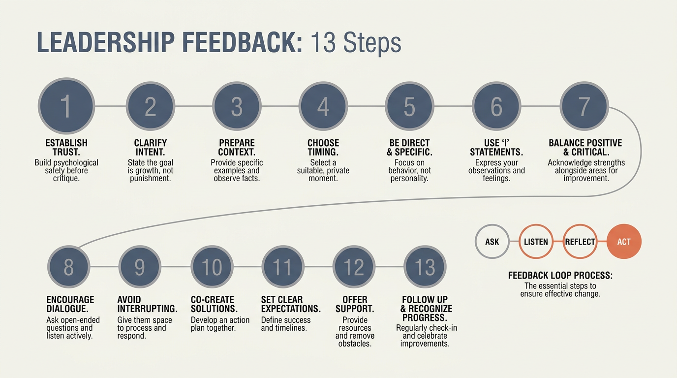 Leadership Feedback framework: 13 sequential steps with an Ask, Listen, Reflect, Act cycle on the right