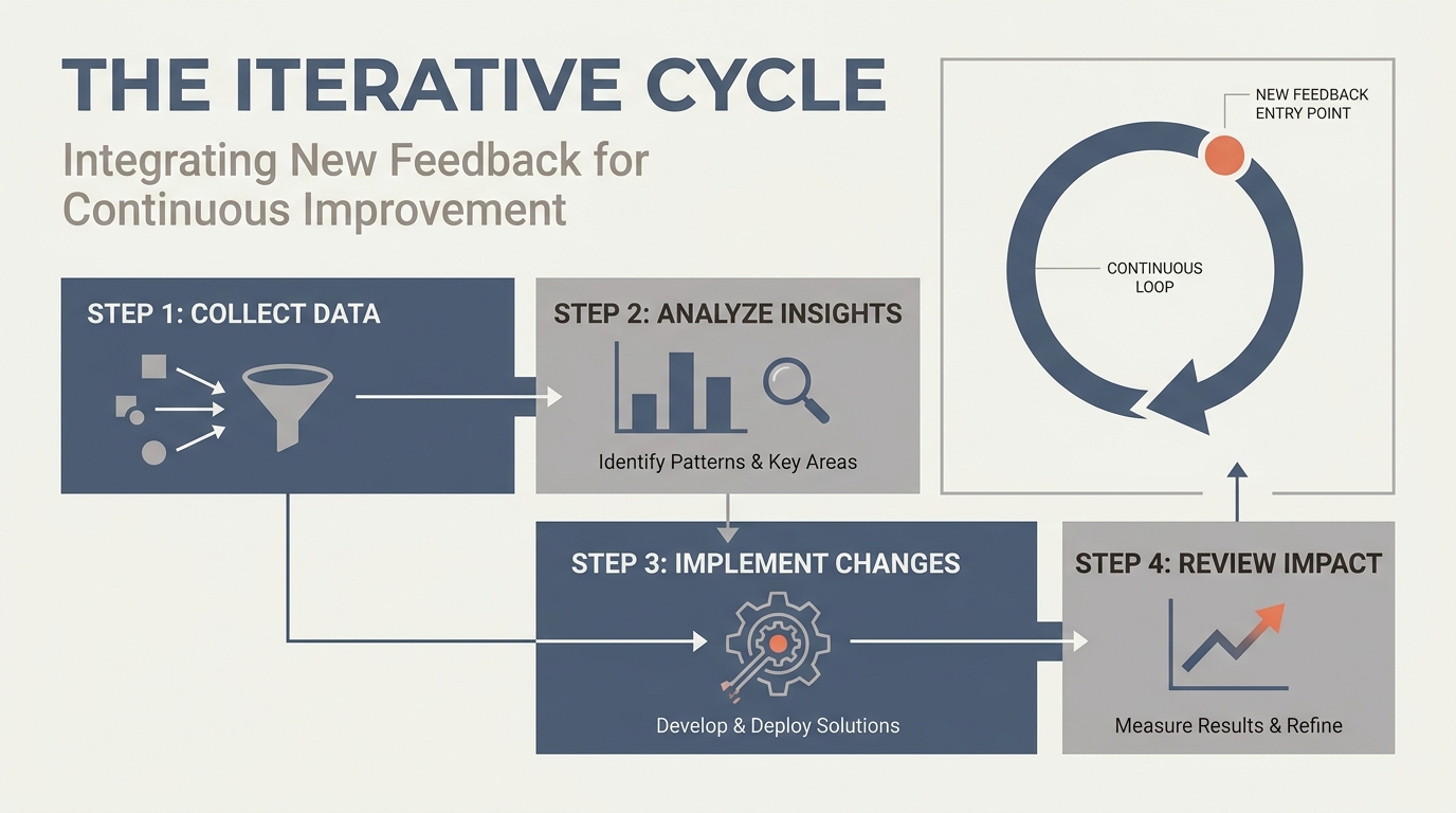 From feedback to action: synthesize input into themes, share a response back to the band, then create a 30/90-day action plan with check-ins