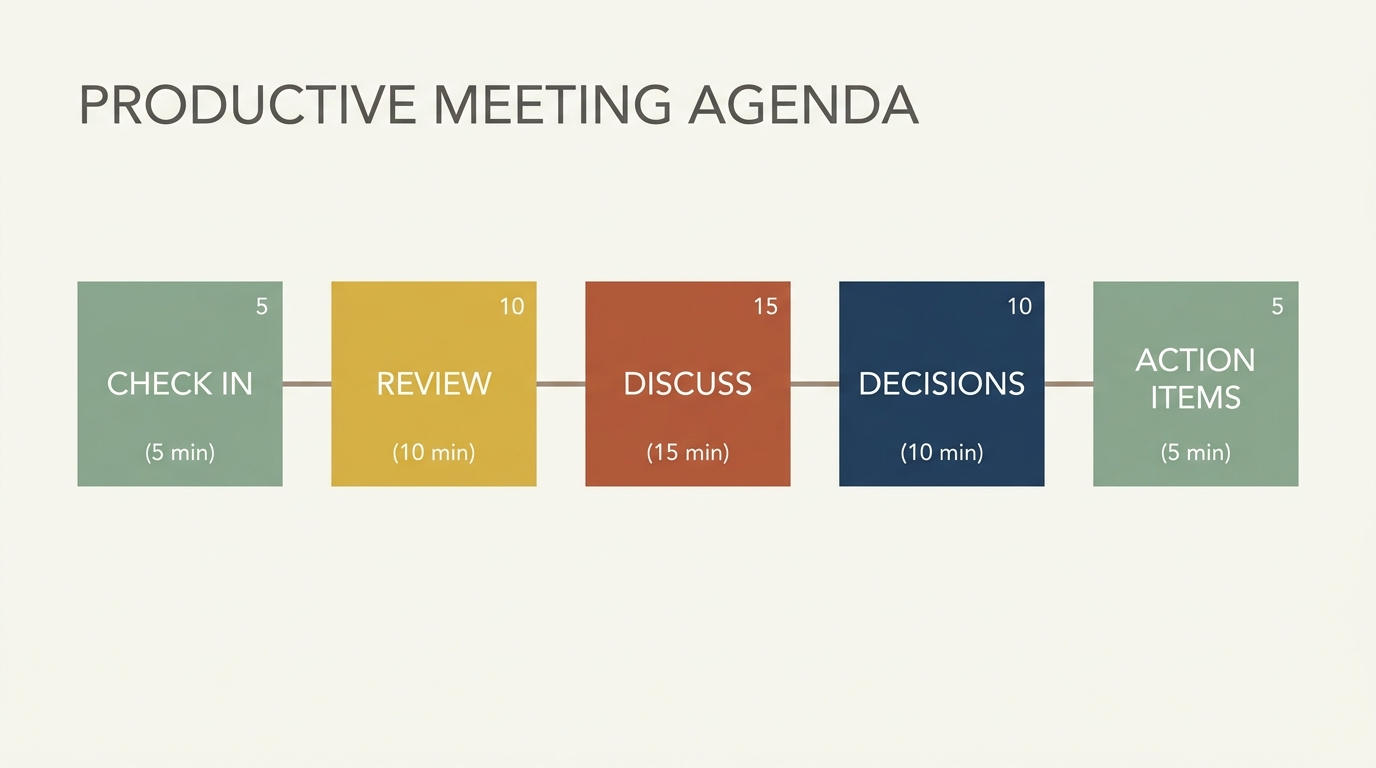 Productive meeting agenda: five time-boxed blocks in sequence — Check In, Review, Discuss, Decisions, Action Items — sized by minutes and color-coded in muted earth tones