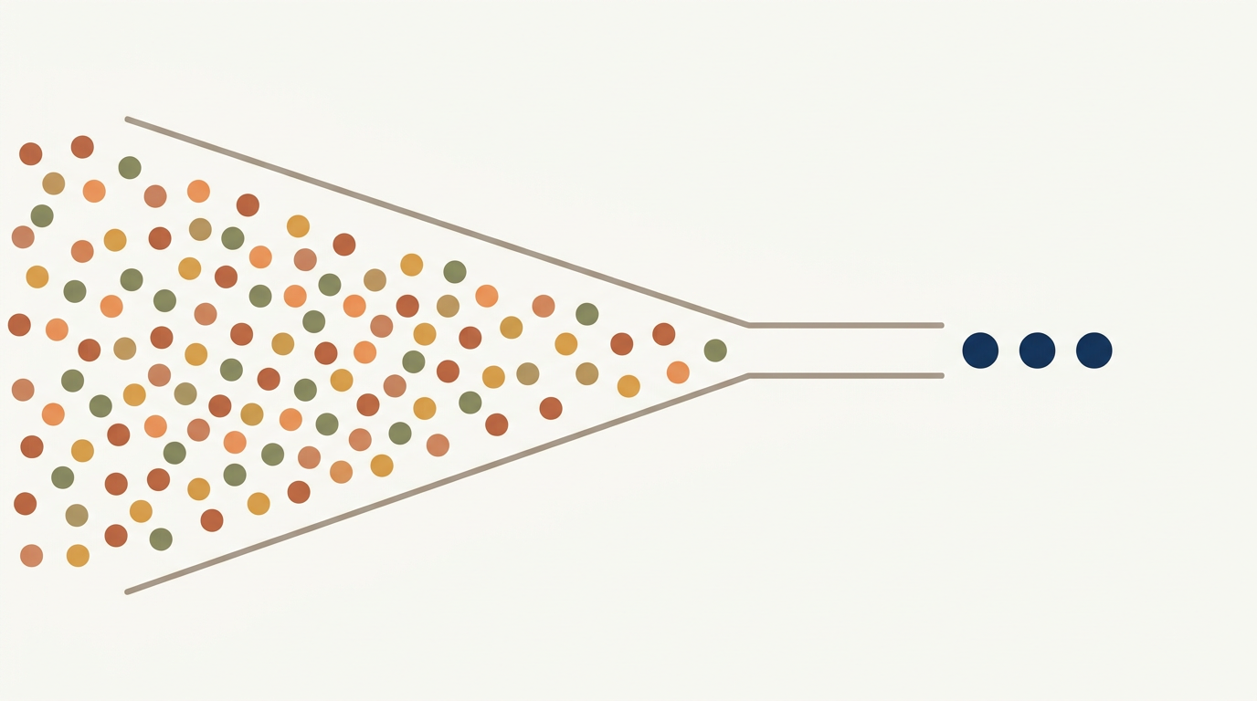 Platform-selection funnel: a wide horizontal opening on the left narrowing to a small opening on the right, with many small dots in mixed earth tones entering from the left and three highlighted deep-navy dots emerging on the right, illustrating the funnel from many options to a chosen primary platform