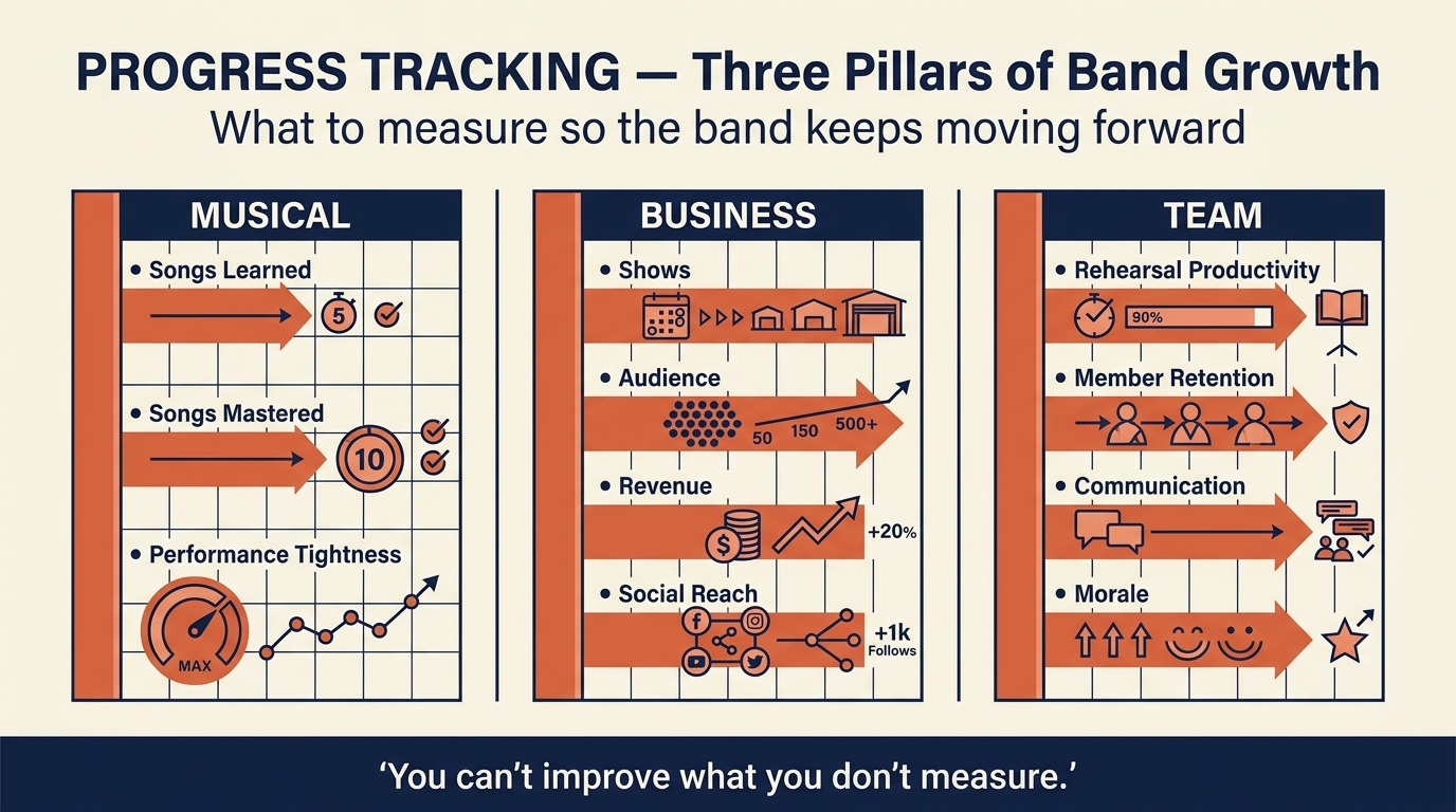 Three pillars of band progress tracked side by side: musical development, business growth, and team health showing how a band improves across all dimensions over time