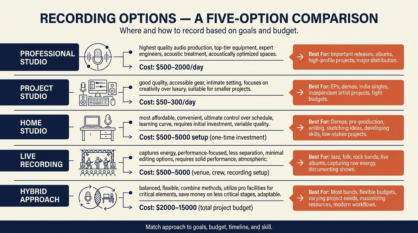 Five recording options laid out as a comparison grid: professional studio, project studio, home studio, live recording, and hybrid approach with quality, cost, timeline, and best use for each