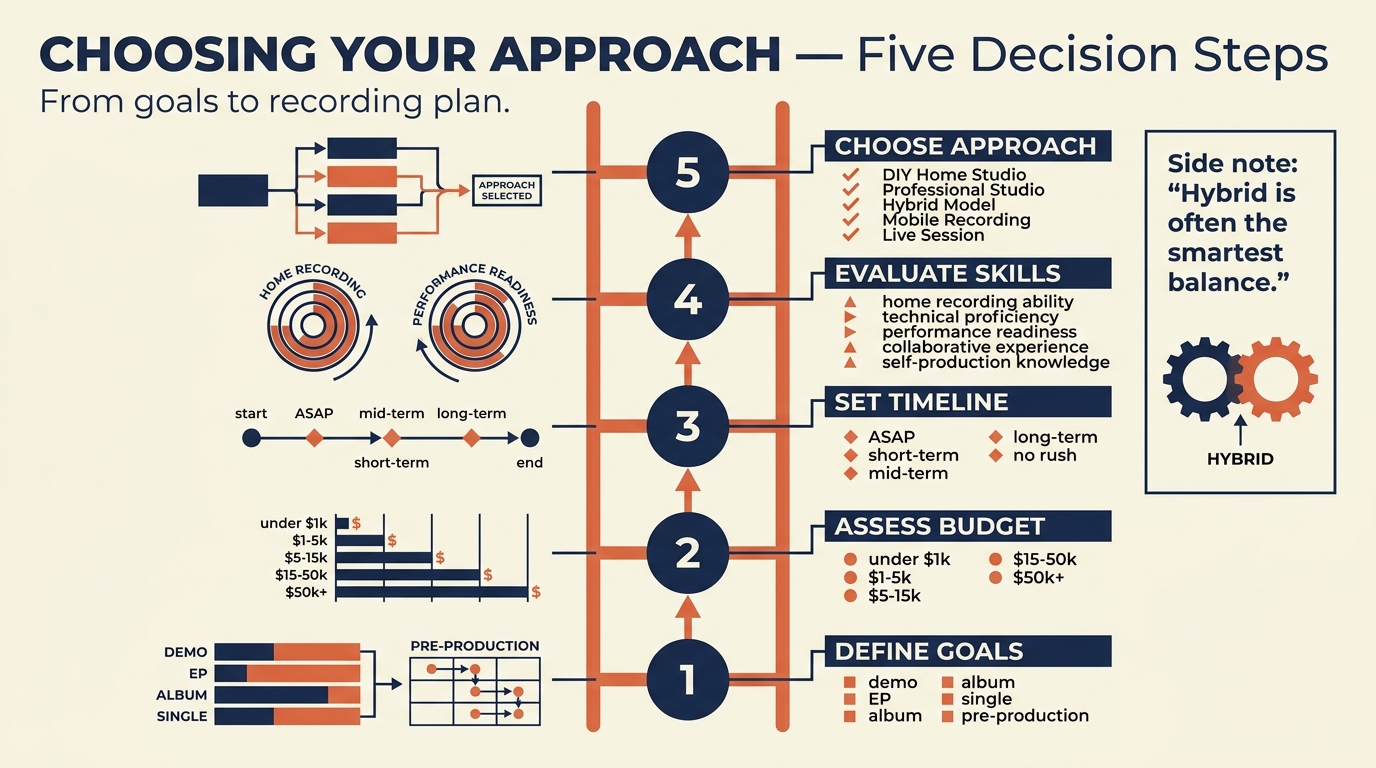 Five-step decision framework: define project goals, set budget, consider timeline, evaluate skills, then choose the recording approach that fits the project as a flow from left to right