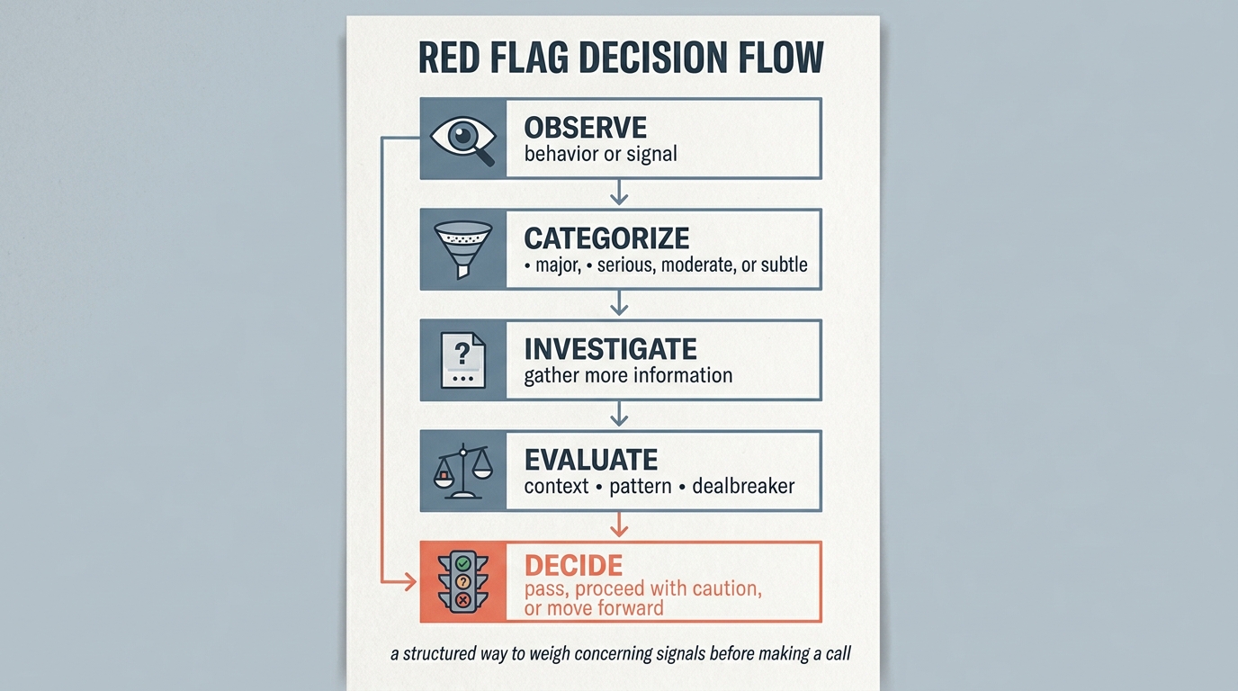 Five-step decision flow when a red flag appears: observe the behavior, categorize the severity, investigate context, evaluate as pattern, then decide pass or proceed with caution as a vertical chain