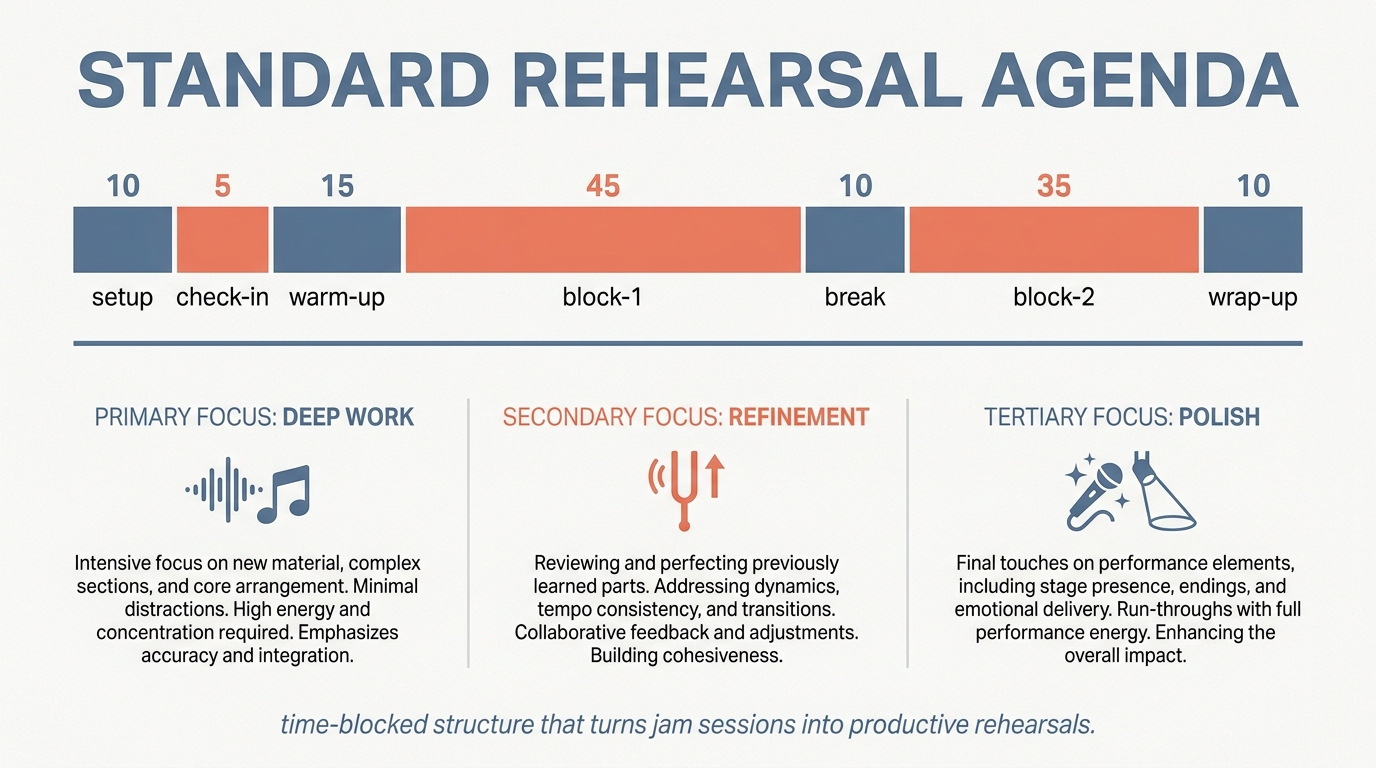 Standard rehearsal agenda laid out as a horizontal timeline with seven time blocks from setup through warm-up, three work blocks, a break, and wrap-up, with total productive time called out