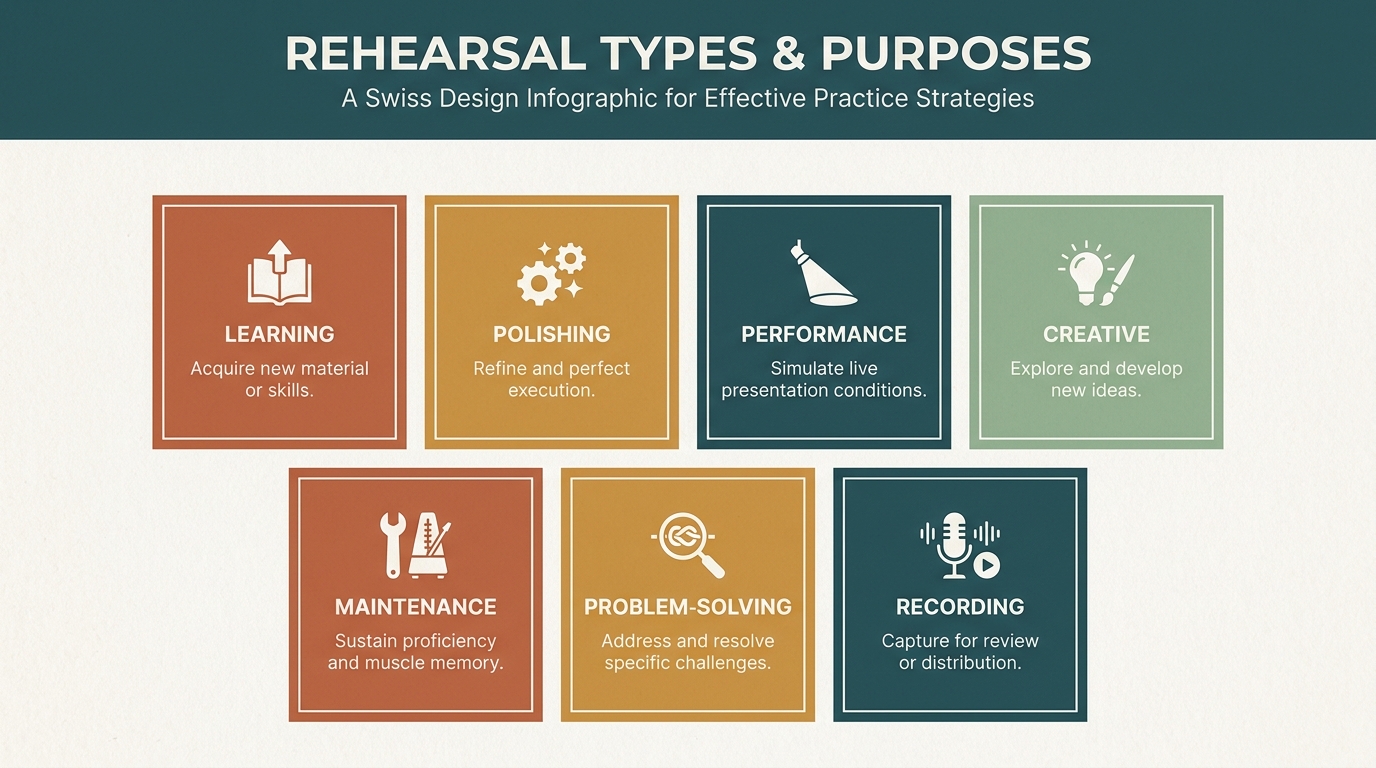 Seven rehearsal types arranged as a grid (Learning, Polishing, Performance, Creative, Maintenance, Problem-Solving, Recording), each with a one-line purpose.