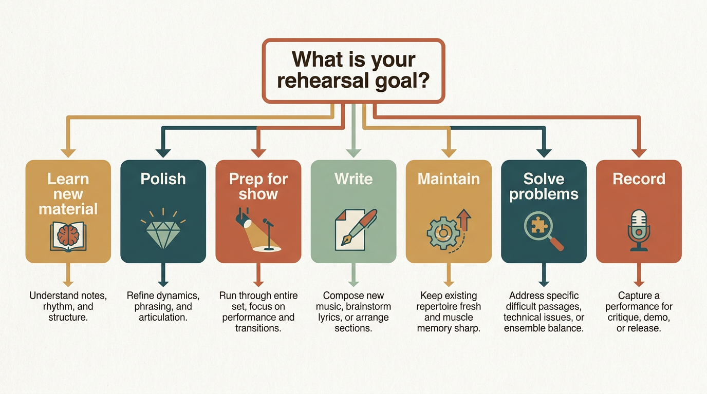 Decision tree from rehearsal goal to one of seven rehearsal types, branching by clean lines.