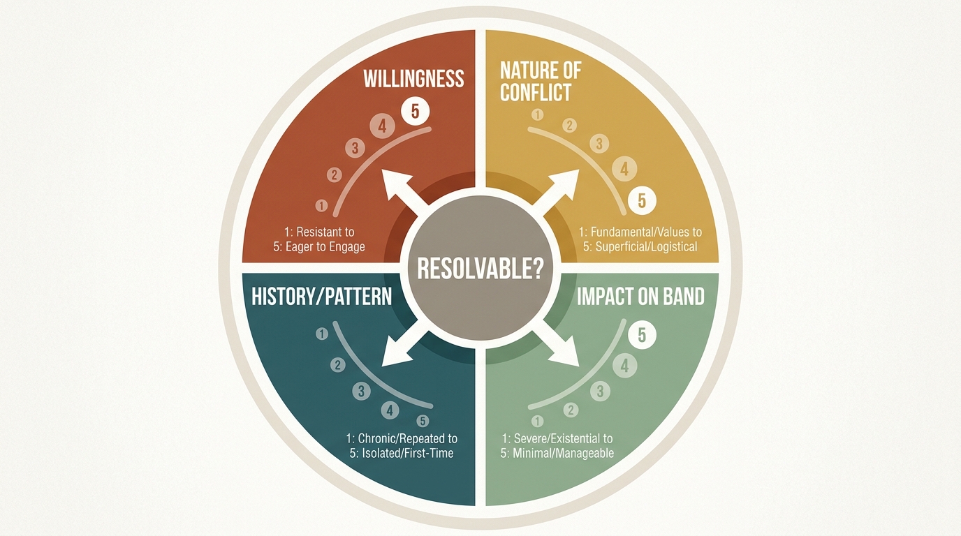 Four-factor resolvability wheel with Willingness, Nature, History, and Impact quadrants around a Resolvable? center.