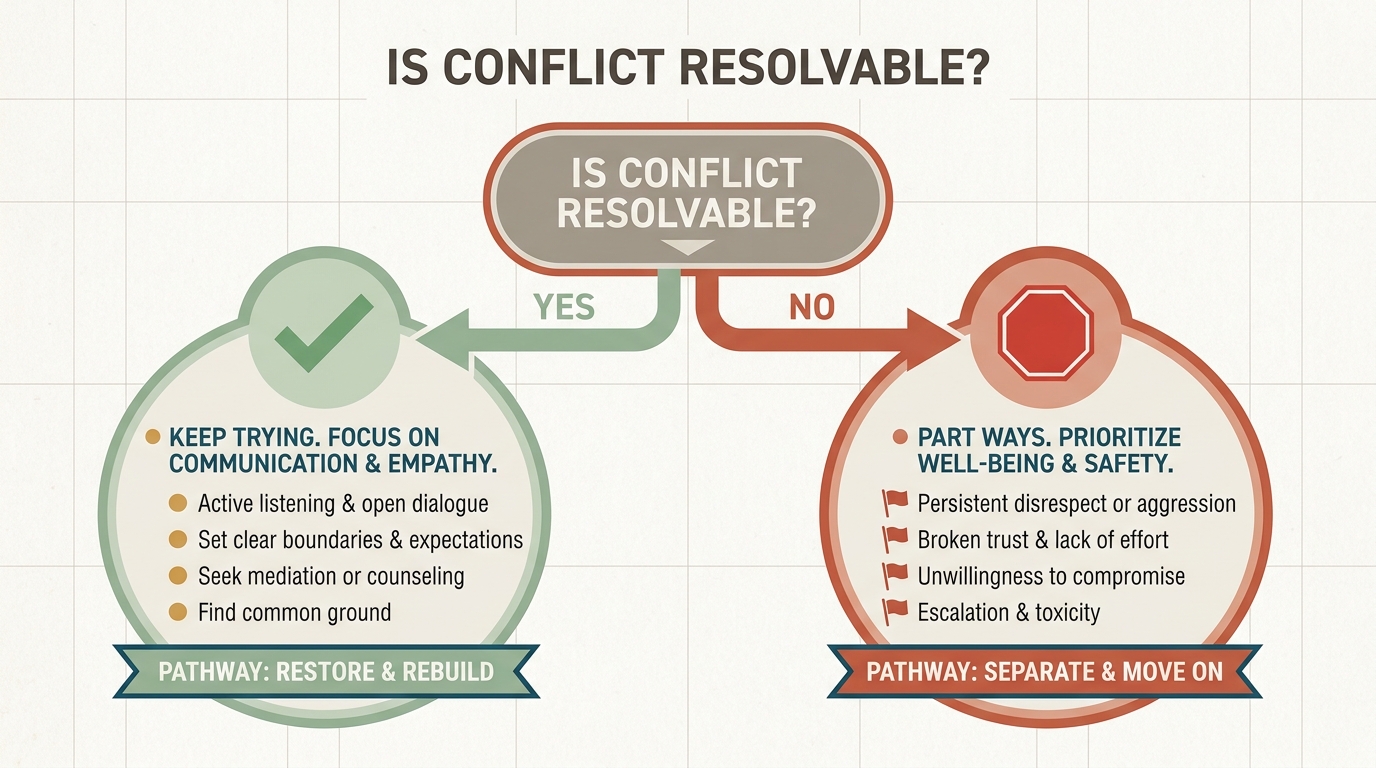 Two-branch decision flow: Is conflict resolvable? splitting into Keep trying (with checklist) or Part ways (with red-flag markers).