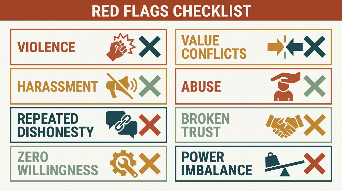 Red flags checklist of eight items (violence, harassment, dishonesty, zero willingness, value conflicts, abuse, broken trust) marked with warning glyphs.
