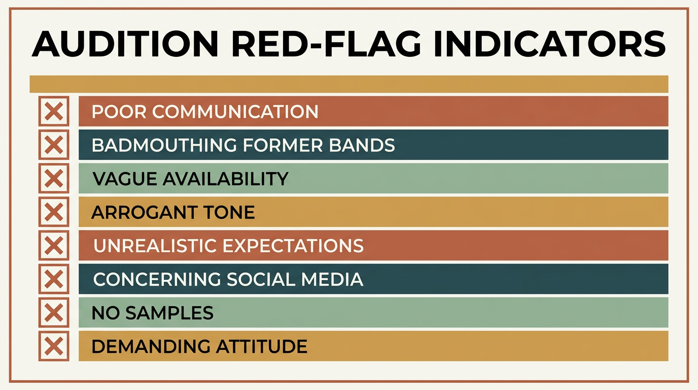 List of eight red-flag indicators in audition responses (poor communication, badmouthing former bands, vague availability, arrogance, unrealistic expectations, concerning social media, no samples, demanding attitude).