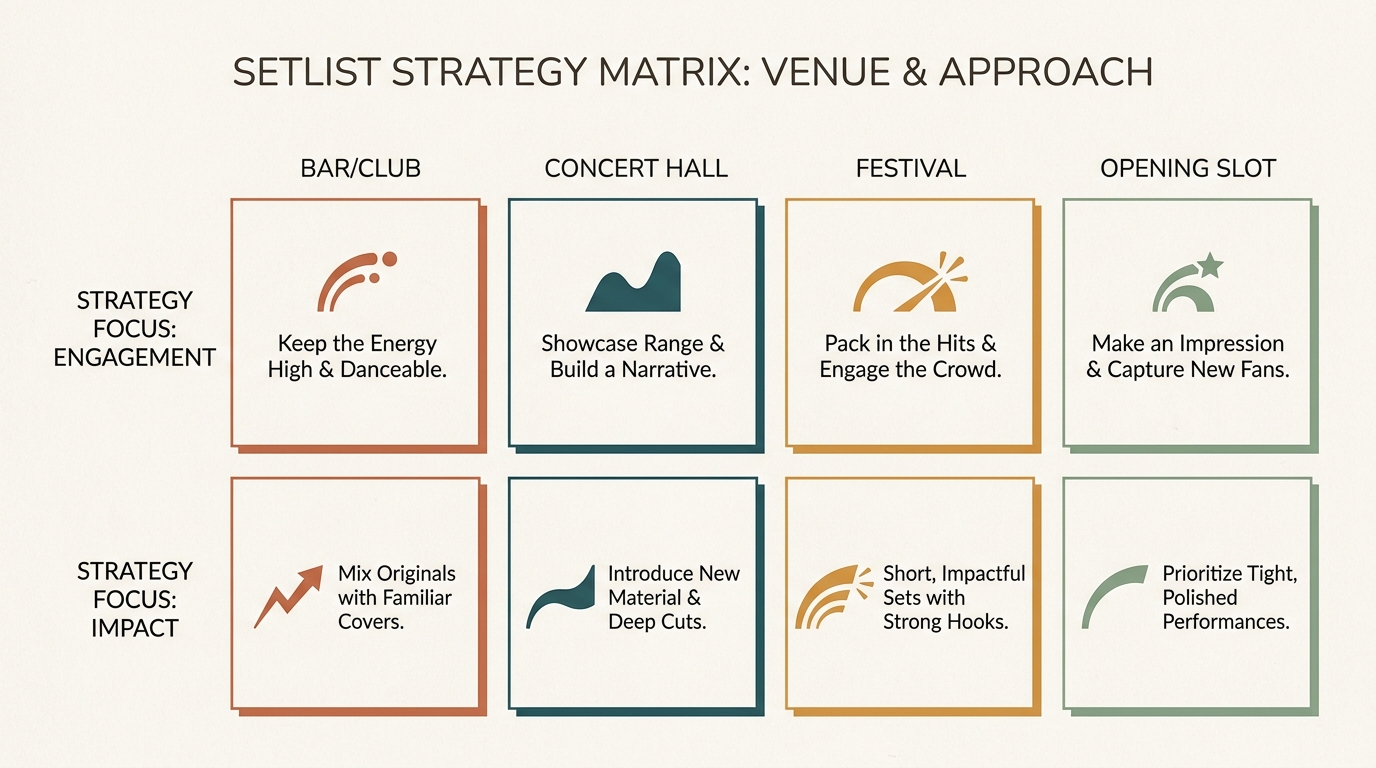 Four-by-two grid of setlist strategies per venue type — Bar/Club, Concert Hall, Festival, Opening Slot — with one-line strategy phrases.