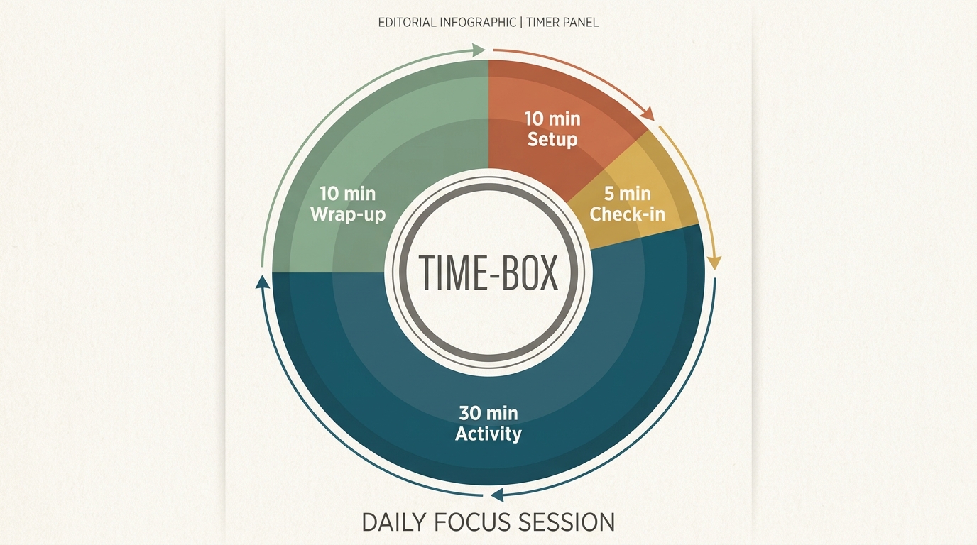 Clock face divided into four colored arcs labeled 10 min Setup, 5 min Check-in, 30 min Activity, 10 min Wrap-up with Time-Box in the center.