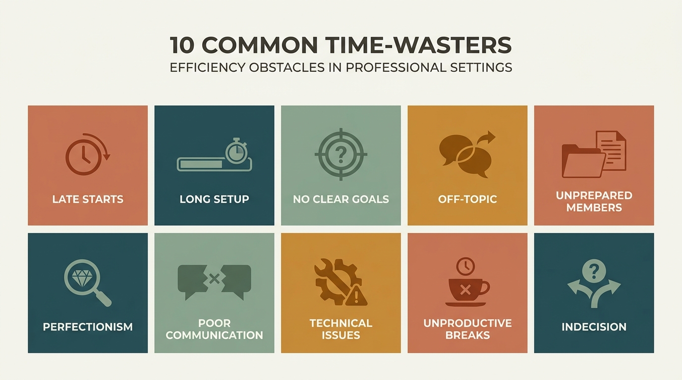 Five-by-two grid of ten time-wasters (Late Starts, Long Setup, No Clear Goals, Off-Topic Conversations, Unprepared Members, Perfectionism, Poor Communication, Technical Issues, Unproductive Breaks, Indecision), each in a labeled cell.