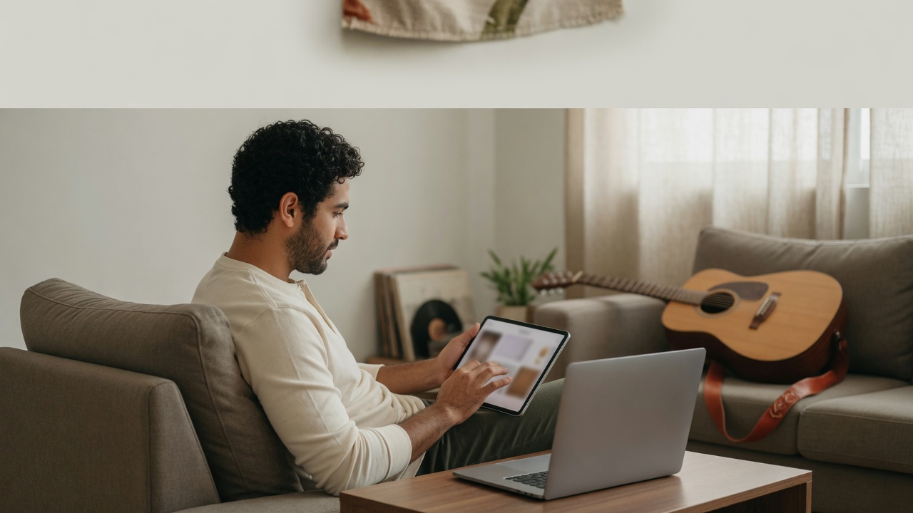 Working musician using the toolkit on a tablet in a practice nook