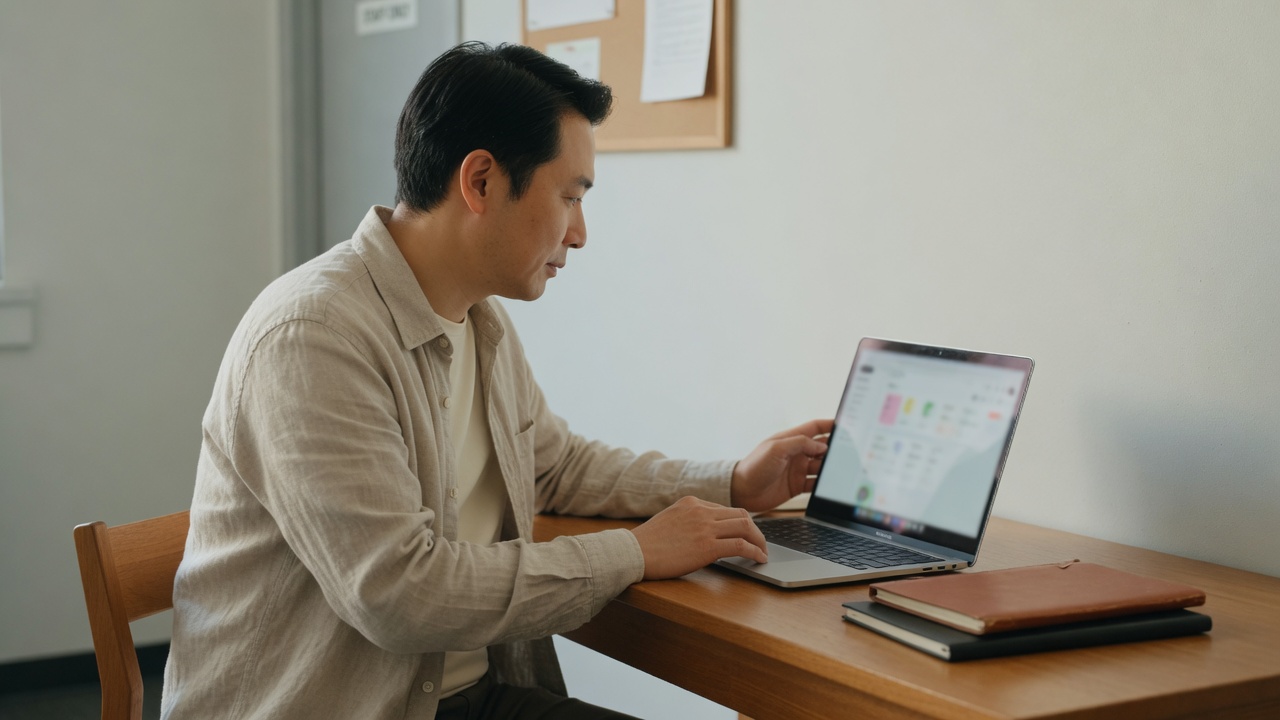 Venue booker at a tidy office desk using Bandmate on a laptop