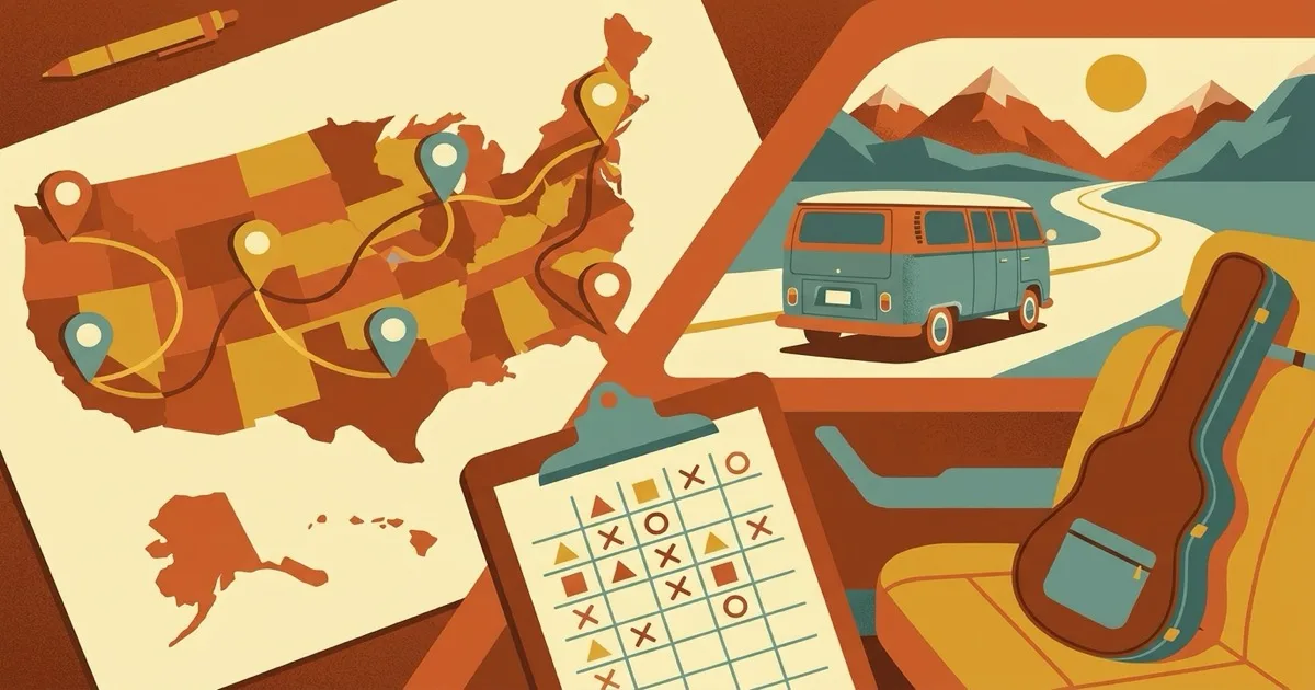 Band tour planning scene with US map city pins, tour van on highway, and tour dates clipboard